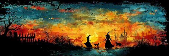 Creative Halloween poster showcasing witches walking with cats under a vibrant sunset