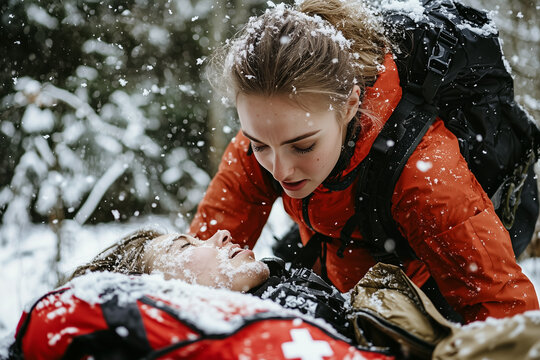 young woman in bright orange jacket is rescuing injured person in snowy forest. Snowflakes fall around them, creating dramatic and urgent scene - Powered by Adobe