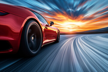 red sports car speeding down winding road at sunset, showcasing dynamic motion and vibrant colors....