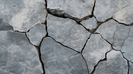 Fototapeta premium Close-up view of rough gray stone surface with deep cracks. Uneven texture, patterns. Natural material. Abstract design element. Rugged surface. Intricate details. Weathered stone surface. Ideal for