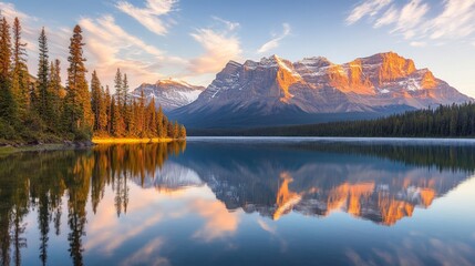 Fototapeta premium Serene Mountain Landscape at Dawn with Reflections on Water