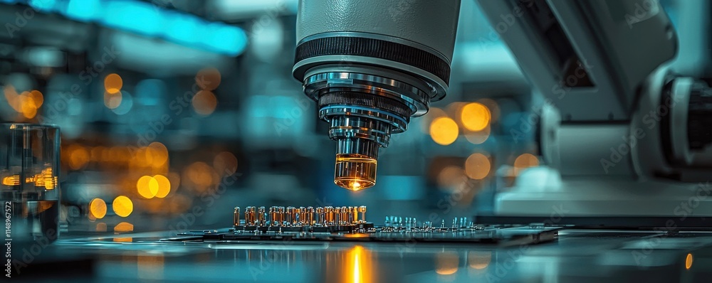 Poster robotic arm operating in a high-tech laboratory setting for automation