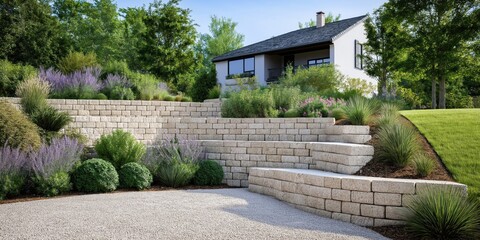 Landscaping project shows new retaining wall with interlocking blocks. Gravel backfill stabilizes sloping backyard. Residential home background with rich plants. Design improves landscape stability.