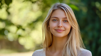 Naklejka premium Young caucasian female smiling outdoors in natural sunlight