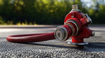 Bright red fire hydrant with a metallic nozzle and coiled hose, ideal for safety presentations