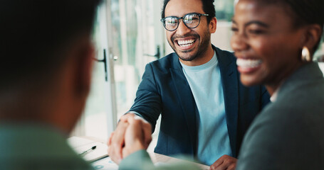 Business, people and handshake with welcome in office for b2b upsell opportunity and contract...