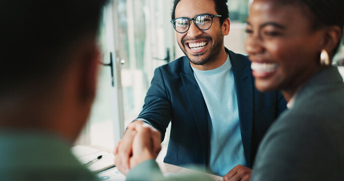 Business, people and handshake with welcome in office for b2b upsell opportunity and contract agreement success. Internal collaboration, happy account manager and shaking hands for client onboarding