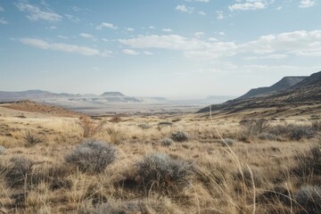 Vast grassy plains stretch under a blue sky with clouds, leading towards distant mountains, showcasing nature's beauty and tranquility