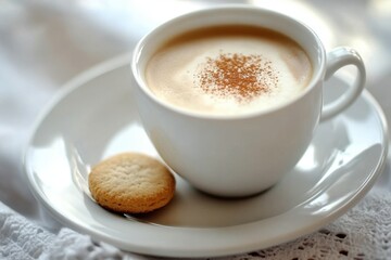 Obraz premium Warm cup of coffee with a sprinkle of cinnamon and a biscuit on a delicate plate
