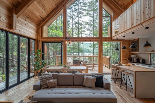 Fototapeta Modern cabin interior with large windows surrounded by dense green forest