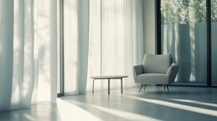 Fototapeta premium Modern minimalist room with clean, elegant design. Featuring sleek furnishings and neutral colors