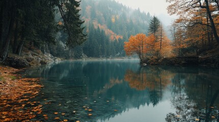 Obraz premium Tranquil Autumn Scene with Reflections in a Serene Lake