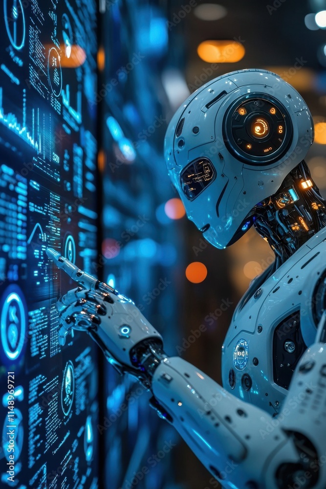 Poster futuristic humanoid robot interacting with advanced digital display interface