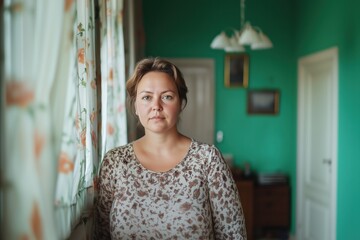 Fototapeta premium Attractive Mature chubby Eastern European woman posing at her home bedroom 