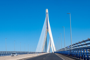 Obraz premium View on cable-stayed bridge with high pylons&nbsp;across the&nbsp;Bay of Cadiz, linking&nbsp;Cadiz&nbsp;with&nbsp;Puerto Real&nbsp;in mainland Spain