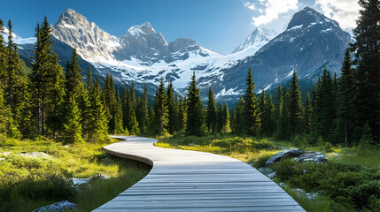 Colorado Alpine Wooden Pathway with snow-capped peaks and pine trees, scenic mountain trail