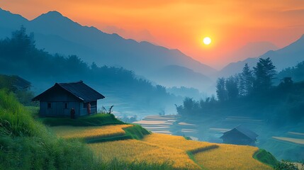 Sunrise over misty rice terraces and mountain village.