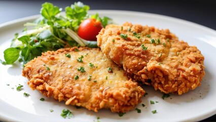 Chicken schnitzel cooked with a crispy crust. Served with sauce and fresh green salad.