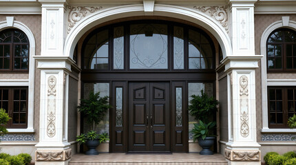Obraz premium A grand entrance featuring a dark brown double door set within a large arched entryway. Flanked by white columns with ornate detailing, the entry is accented by potted plants and arched windows.