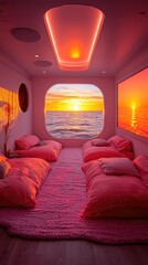 Futuristic Space-Age Home Theater with Floating Pod Chairs and Curved LED Screen Setup