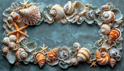 Fototapeta premium Seashells and Starfish Frame Ocean Decor