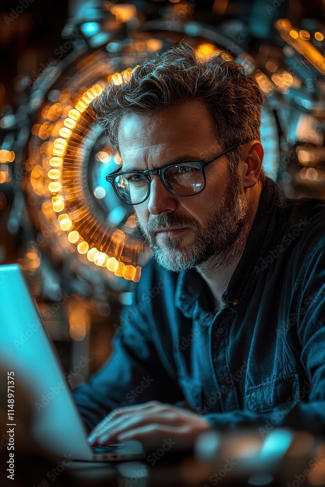 Poster engineer analyzing data on laptop in high-tech laboratory setting