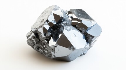 Realistic display of a block of galena ore with a metallic gray surface and crystalline structure on a white background