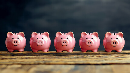 Five pink piggy banks aligned on a wooden surface