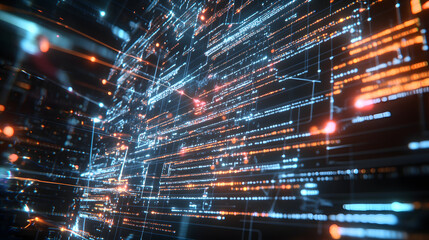 Abstract digital background with glowing lines and data streams. Futuristic technology concept.  Perfect for tech, AI, and network themes.