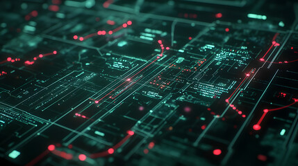 Abstract digital background with glowing teal and red lines forming a complex network.  Represents data flow, technology, or futuristic concept.