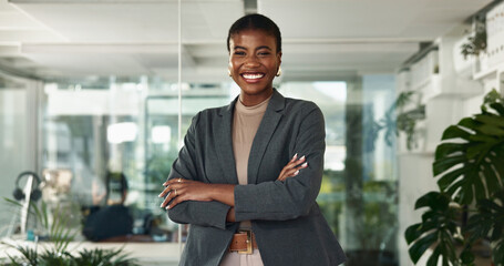 Portrait, happy lawyer and black woman in office for advocate, confidence and business. Arms crossed, legal counsel and attorney clerk with smile at law firm of Nigeria for career growth or justice