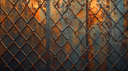 Fototapeta premium Rusty metal chain-link fence with sunlit background