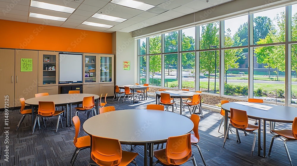 Poster bright classroom with round tables, orange chairs, and large windows overlooking trees.
