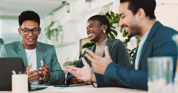 Laughing, teamwork and business people with laptop in office, financial planning and investment. Collaboration, employees and advisor in accounting firm for corporate performance, feedback or digital - Powered by Adobe
