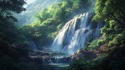 Serene Waterfall Surrounded by Lush Greenery and Vibrant Flora