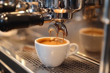 Brewing espresso in a modern cafe with a sleek espresso machine at busy morning hours