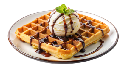 waffles with chocolate syrup and vanilla ice-cream scoop in white plate isolated on transparent background