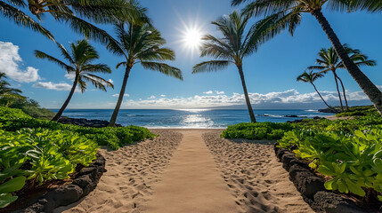 Fototapeta premium Florida Beach Sand Pathway with palm trees and ocean breeze, tropical seaside retreat