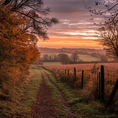 Obraz premium Rural pathway with golden autumn leaves and sunrise over scenic countryside