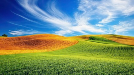 Obraz premium Rolling hills of vibrant green and orange fields under a vivid blue sky with dynamic clouds.