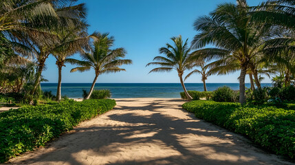 Fototapeta premium Florida Beach Sand Pathway with palm trees and ocean breeze, tropical seaside retreat