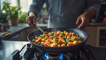 Chef cooking a colorful stir fry with fresh vegetables over a gas stove for culinary enthusiasts