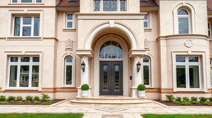 Residential Building Facade with Arched Entryway and Multi-paned Windows