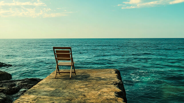 Solitary wooden chair on seaside pier under clear sky at sunset