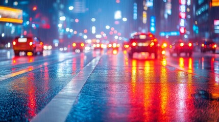 Fototapeta premium Rainy night city street, transportation lights reflection on wet asphalt, defocused urban background