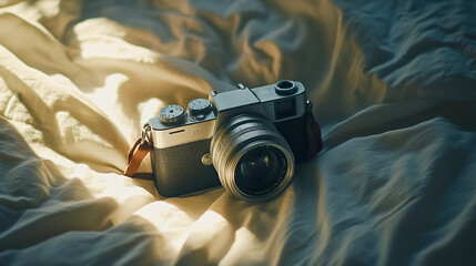 Vintage camera on sunlit bedding with artistic shadows