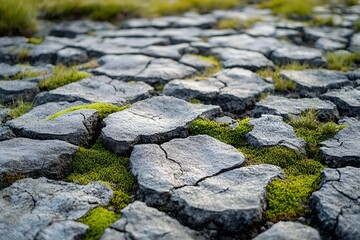 Moss and small plants growing on cracked rocky ground, illustrating nature's persistence in barren environments