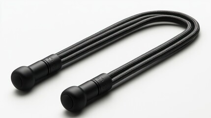 Black braided cord with round ends, isolated on white background.