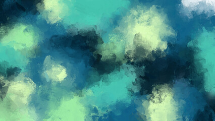 Abstract bright, vibrant and colorful (teal, blue, green, yellow) oil painting background with brush strokes. Digital oil painting. Copy space. Painting done by me.