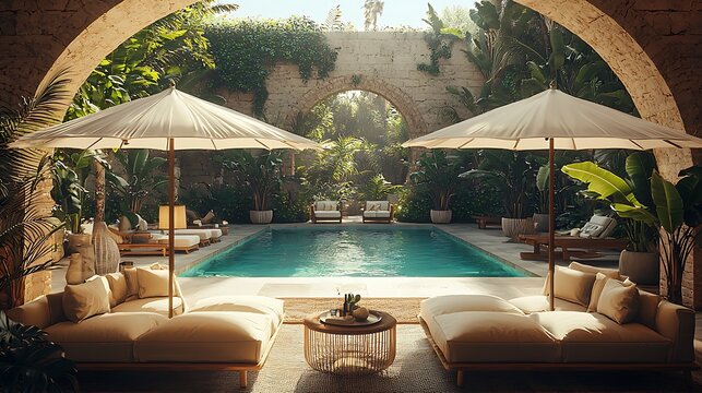 Luxurious courtyard pool with lounge seating, umbrellas, and lush greenery.